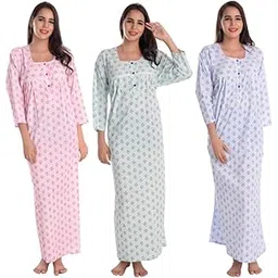 cierge Women's Cotton Fabric Full Sleeve Front Button Opening Beautiful Maxi Nighty (Pack of 3) Multicolour Free Size-picture-13