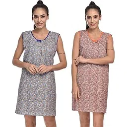 cierge Women's Cotton Floral Sleeveless Short Nightdress/Short Nighty (Combo; Blue & Orange)-picture-16