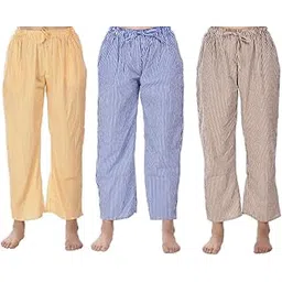 cierge Women's Cotton Linen Casual Style Printed Pyjama/Pajama Trackpant Loungewer (Yellow, Blue, Brown; Pack Of 3) Regular-picture-34