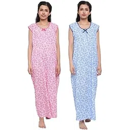 cierge Women's Cotton Printed Maxi Nighty (Pack of 2) (CIERGE WOMEN SLEEVELESS_PINK & BLUE_Free Size)-picture-12