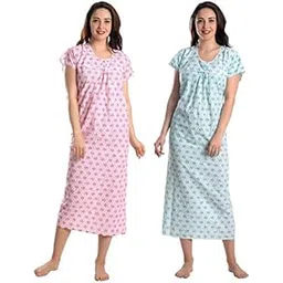 cierge Women's Cotton Printed Maxi Nighty (Pink & Green Lace_Free Size_CIERGE KNEE NIGHTY COMBO)-picture-10