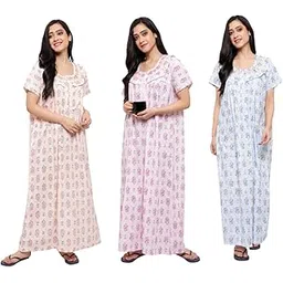 cierge Women's Cotton Printed Maxi Smoking Zip Nighty (Free Size; Pack of 3) Multicolour-picture-38