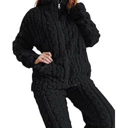 cigain 2PCS Winter Night Suit Collar Zip Up Fuzzy Top & Pants Set for Men and Women-picture-26