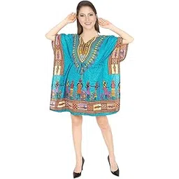 cigain African Print Dashiki Short Caftan Dress Nightwear Beach Cover Up Kimono Style for Any Occasion I Free Size I Short Top for Women (Teal)-picture-12