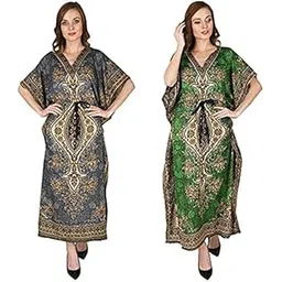 cigain Combo Pack of 2 Women's Kaftan Dress Beach Ladies Sleepwear Night Gown Robe V-Neck Cover Up Night Wear (Multicolor, Free Size)-picture-16