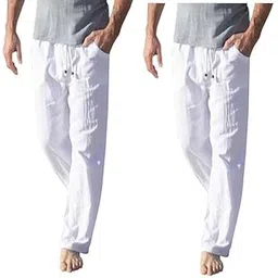 cigain Drawstring Lounge Cotton Round Elastic Bottom wear Pajama Pants for Men, White,-picture-41