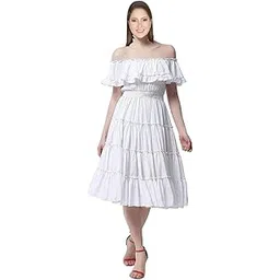 cigain Women's and Girl’s Summer Fashion Cotton Shoulder Off Maxi Knee Lenth Dresses (White)-picture-52