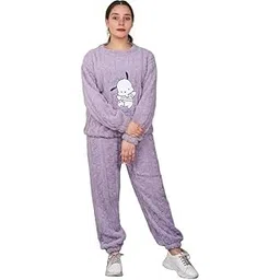 cigain Women's Fur Long Sleeve Nightsuit | Regular Fit Warm Top and Pyjama Set | Winter Wear Sweatpant Set for Women-picture-48
