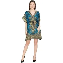 cigain Women's Polyester Short Maxi Kaftan for Sleepwear/Nightwear/Beach Wear - Blue-picture-18