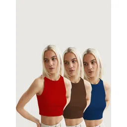 CILIMILI Pack Of 3 Round Neck Crop Tops-picture-11