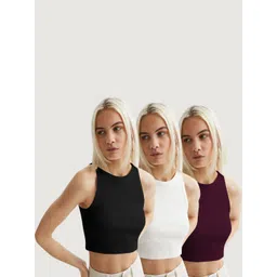 CILIMILI Pack Of 3 Round Neck Crop Tops-picture-30
