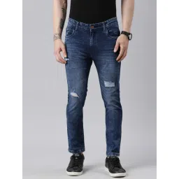 CINOCCI Denim Blue Cotton Slim Fit Distressed Jeans-picture-43