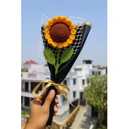 clapjoy Crochet Sunflower Bouquet – Handmade Wool Flower with Black Wrap & Cute Ribbon Yellow Sunflower Artificial Flower-picture-5