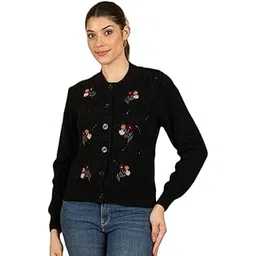 clapton Women's Knit Button-Down Cardigan, Brown, Floral Embroidered, Ribbed Sweater with Long Sleeves-picture-37