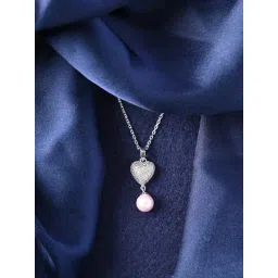 Clara 925 Sterling Silver Platinum Plated Swiss Zirconia Nazy Pink Pearl Heart Pendant Chain Necklace for Women-picture-11