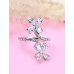 Clara 92.5 Sterling Silver Swiss Zircon Rhodium-Plated Flower Adjustable Ring for Women-picture-22