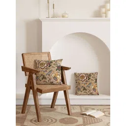 Clasiko Beige & Green 2 Pieces Floral Printed Cotton Square Cushion Covers image 4