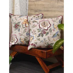 Clasiko Beige & White Set of 2 Floral Cotton Square Cushion Covers-picture-17