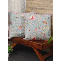 Clasiko Blue & Orange Set of 2 Floral Cotton Square Cushion Covers-picture-38