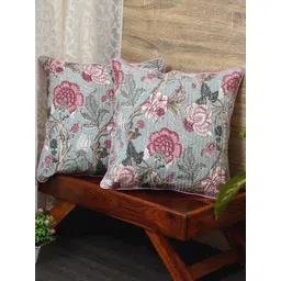 Clasiko Blue & Pink Set of 2 Floral Cotton Square Cushion Covers-picture-33