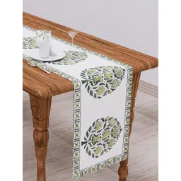 Clasiko White & Green Floral Printed Pure Cotton Table Runner-picture-22