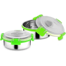 Classic Essentials 2 Pcs 300ml Stainless Steel Silver &a; Green Container Lunch Box with Bento Lock Set (Pack of 3)-picture-36