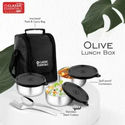 Classic Essentials 3 Pcs 350ml Stainless Steel Black Container Lunch Box with Bag (Pack of 5)-picture-38