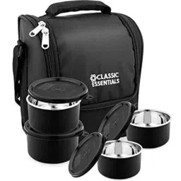 Classic Essentials 4 Pcs 350ml Stainless Steel Black Container Lunch Box with Bag (Pack of 2)-picture-13