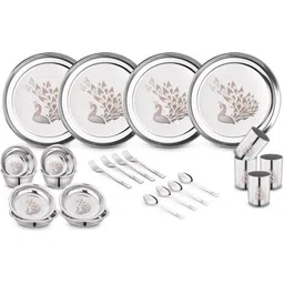 classic essentials Pack of 24 Stainless Steel Dinner Set|Serves 4 People|Heavy Gauge|Kitchen Set|Permanent Laser-Peacock Dinner Set-picture-22