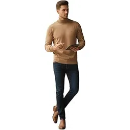 Classic Men's Mock Neck Sweater, Beige Knit Pullover, Long Sleeve Fitted Style, Fine Ribbed Design-picture-11