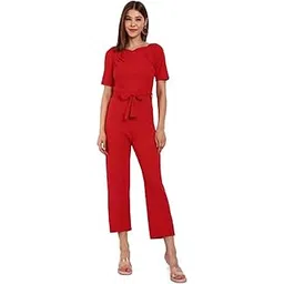 classy fashion Women's Polyester Blend Jumpsuit with Crew Neck Short Puff Sleeves Solid Pleated Regular Puff Sleeve and Tie Waist Belt-picture-10