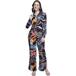 claura Black Abstract Printed Shirt with Flared Trousers for Women/Cord Set for Women-picture-14