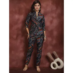 Claura Black & Blue Mandarin Collar Tunic with Mid-Rise Trousers Ethnic Co-Ords-picture-34