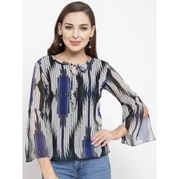 Claura Blue & Black Geometric Print Tie-Up Neck Georgette Top-picture-38