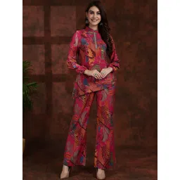 Claura Magenta Pink Floral Printed Mandarin Collar Tunic With Flared Palazzos-picture-19