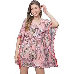 claura Pink Tropical Printed Swimwear Kaftan Cover Up Dress.-picture-38