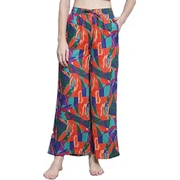 claura Women Blue & Orange Abstract Printed Flared Cotton Lounge Pants-picture-19