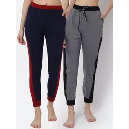 Claura Women Pak Of 2 Grey & Blue Solid Pure Cotton Lounge Joggers-picture-24