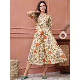 Claura Women Pure Cotton Floral Print Puff Sleeve Fit & Flare Midi Dress-picture-37