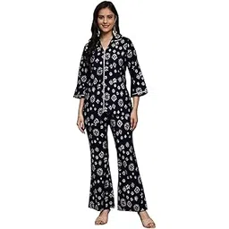 claura Women's Floral Print Jumpsuit, Navy Blue and White, V-Neck, Bell Sleeves-picture-38