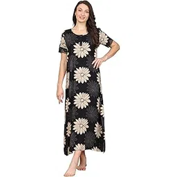 claura Women's Floral Print Long Nightdress, Black with Beige Daisy Pattern, Short Lace Sleeve Maxi Loungewear-picture-12