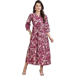 claura Women's Floral Print Tiered Maxi Dress, Plum Purple with Beige Botanical Pattern, 3/4 Sleeve V-Neck, Empire Waist Casual Dress-picture-26