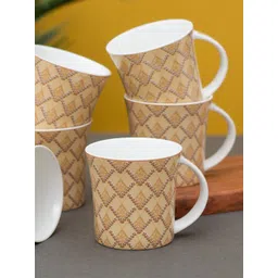 CLAY CRAFT 6 Pcs Beige & White Printed Ceramic Glossy Cups - 180 ML Each-picture-23