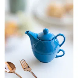 claymistry Microwave-Safe Ceramic Blue Kettle with Cup | Set of 1 Tea Urn-picture-36