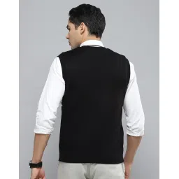 cloak & decker Mens Self Design Black V Neck Sleeveless Sweater image 3