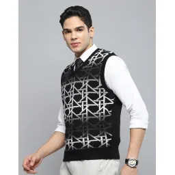 cloak & decker Mens Self Design Black V Neck Sleeveless Sweater image 1