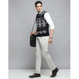 cloak & decker Mens Self Design Black V Neck Sleeveless Sweater image 4