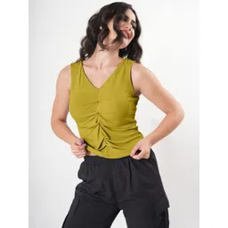 clobug Women Solid V Neck Sleeveless Pleated Semi Crop Top-picture-34