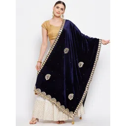 Clora Creation Navy Blue & Gold-Toned Paisley Embroidered Velvet Dupatta with Gotta Patti-picture-22