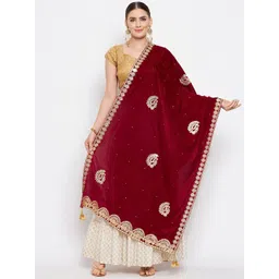 Clora Creation Women Maroon & Gold-Toned Embroidered Velvet Dupatta with Gotta Patti-picture-26